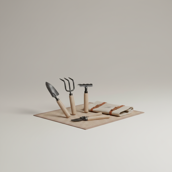 Professional e-commerce product photography of a **brandless** Native Gardens Tool Kit (Essential hand tools crafted for native plant care and sustainable gardening.). The entire environment is a perfectly uniform, flat, solid color #EAE9E7 (light warm gray) with absolutely no gradient, vignette, spotlighting, texture, noise, or grain. The object is centered and tiny, occupying only 25% of the frame, surrounded by massive negative space. The background and floor are a seamless, infinite cyclorama of solid color #EAE9E7 with no horizon line, no corner, and no visible wall/floor transition. Lighting: ultra-even high-key with very strong global illumination and soft, multi-directional bounced fill (studio light tent look). Bright exposure (lifted midtones and shadows, low contrast), slightly overexposed overall while preserving product detail. Fully diffuse, no hard shadows, no cast shadows; at most a barely visible neutral contact shadow. No harsh specular highlights. Framing: simple 3/4 view. Perfectly centered. Style: ultra-clean, minimalistic. No logos, no text, no distractions. 8k resolution, sharp details on the object.