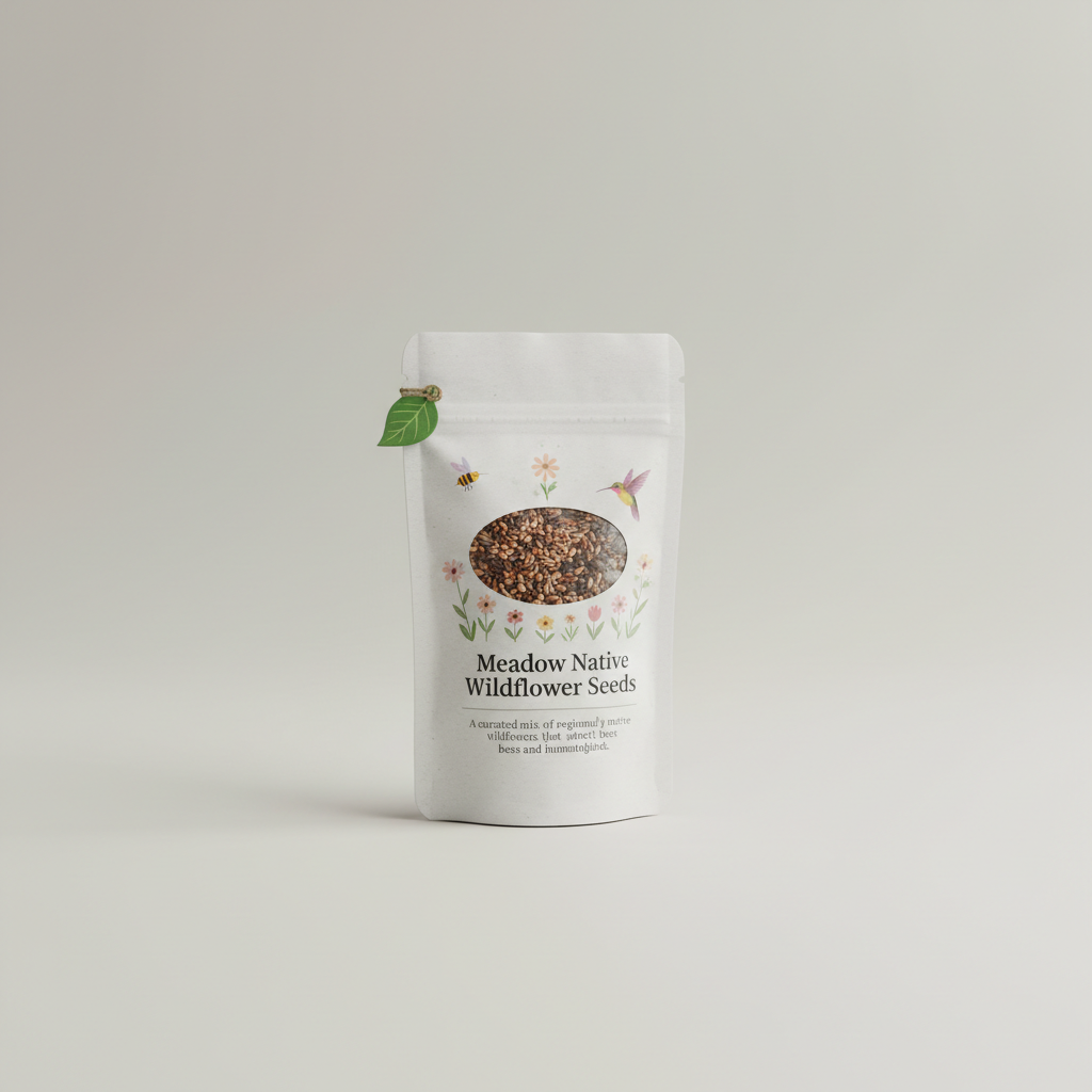 Professional e-commerce product photography of a **brandless** Meadow Native Wildflower Seeds (A curated mix of regionally native wildflowers that attract bees and hummingbirds.). The entire environment is a perfectly uniform, flat, solid color #EAE9E7 (light warm gray) with absolutely no gradient, vignette, spotlighting, texture, noise, or grain. The object is centered and tiny, occupying only 25% of the frame, surrounded by massive negative space. The background and floor are a seamless, infinite cyclorama of solid color #EAE9E7 with no horizon line, no corner, and no visible wall/floor transition. Lighting: ultra-even high-key with very strong global illumination and soft, multi-directional bounced fill (studio light tent look). Bright exposure (lifted midtones and shadows, low contrast), slightly overexposed overall while preserving product detail. Fully diffuse, no hard shadows, no cast shadows; at most a barely visible neutral contact shadow. No harsh specular highlights. Framing: simple 3/4 view. Perfectly centered. Style: ultra-clean, minimalistic. No logos, no text, no distractions. 8k resolution, sharp details on the object.