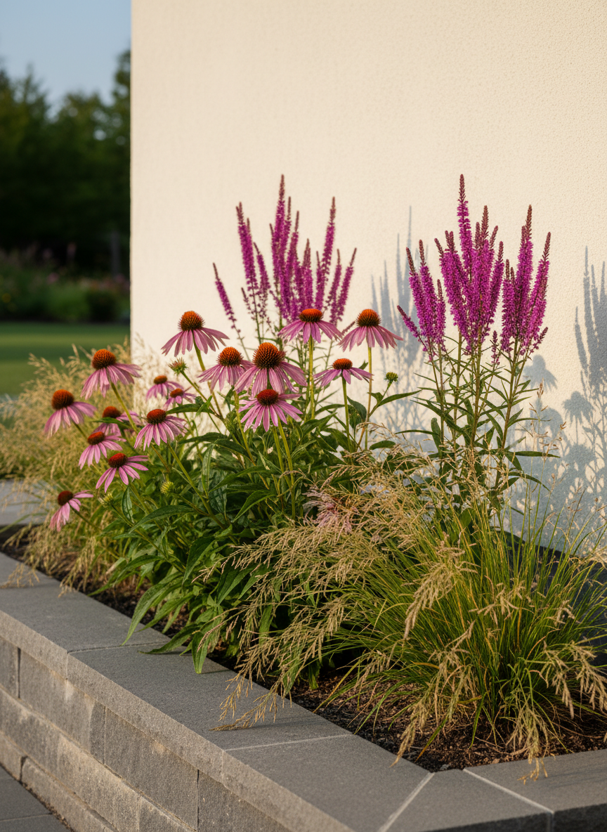A meticulously arranged native plant display featuring a sculptural cluster of purple coneflower, prairie dropseed, and blazing star, each plant in full, pristine condition with lush foliage and vivid blooms. They emerge from a refined charcoal-gray stone-edged planting bed set against a smooth, cream stucco wall. Soft late-afternoon natural light washes across the scene, creating gentle, elongated shadows that emphasize leaf textures and seed heads. Photographed at eye level with a subtle shallow depth of field, the foreground planting is in razor-sharp focus while the background softly blurs. The mood is sophisticated and serene, with a clean, photographic realism that highlights the elegance of native plants within a traditional, well-composed garden setting.