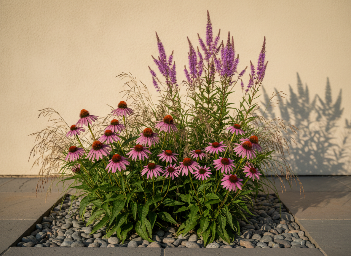 A meticulously arranged native plant display featuring a sculptural cluster of purple coneflower, prairie dropseed, and blazing star, each plant in full, pristine condition with lush foliage and vivid blooms. They emerge from a refined charcoal-gray stone-edged planting bed set against a smooth, cream stucco wall. Soft late-afternoon natural light washes across the scene, creating gentle, elongated shadows that emphasize leaf textures and seed heads. Photographed at eye level with a subtle shallow depth of field, the foreground planting is in razor-sharp focus while the background softly blurs. The mood is sophisticated and serene, with a clean, photographic realism that highlights the elegance of native plants within a traditional, well-composed garden setting.